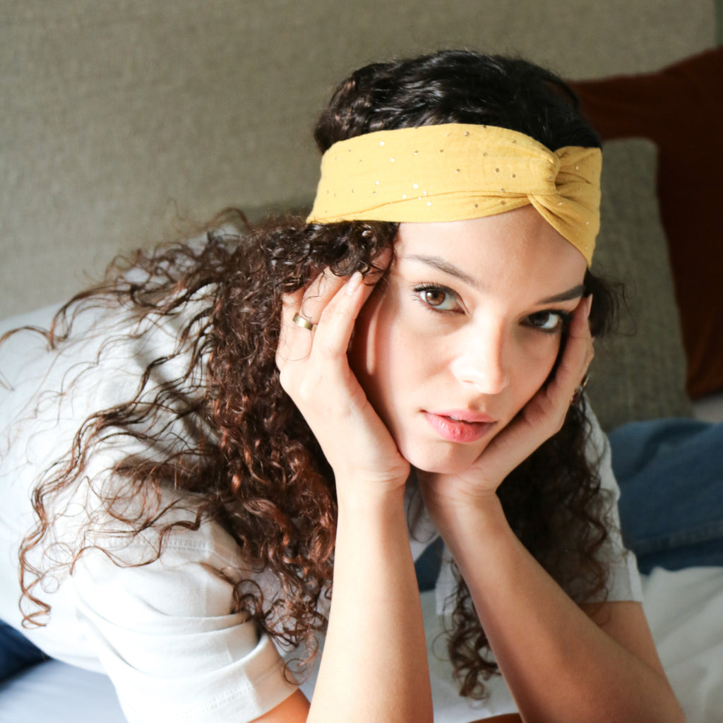 Headband élastique twist double gaze jaune made in France Atelier Madeleine